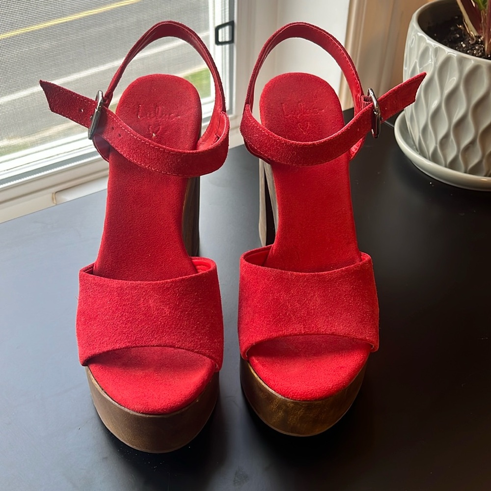 Lolita Leather Red Suede Wooden Platform Heels
